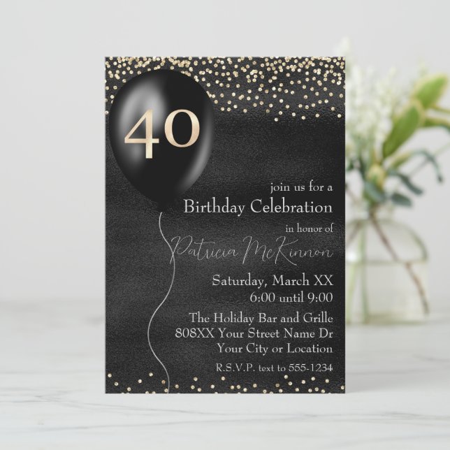 Invitación Balón negro y oro 40 cumpleaños (Anverso de pie)