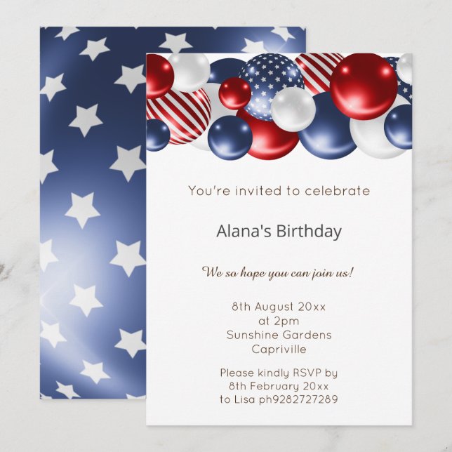 INVITACIÓN BALÓN PATRIÓTICO ROJO AZUL BLANCO 2 CUMPLEAÑOS (Anverso / Reverso)