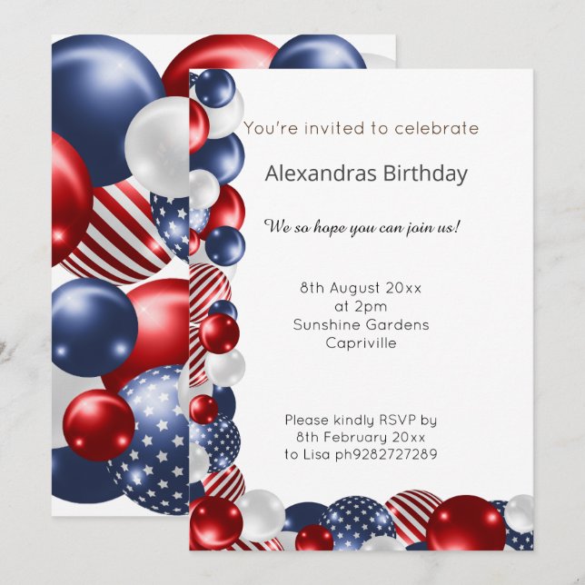 INVITACIÓN BALÓN PATRIÓTICO ROJO AZUL BLANCO 2 CUMPLEAÑOS (Anverso / Reverso)