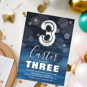 Invitación Balón plateado de tercer cumpleaños Fiesta azul