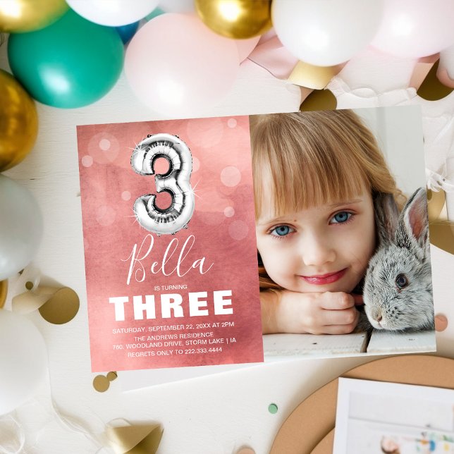 Invitación Balón plateado de tercer cumpleaños | Fiesta de fo (Subido por el creador)