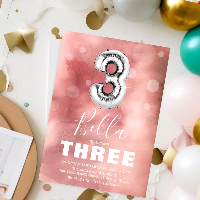 Invitación Balón plateado de tercer cumpleaños | Fiesta rosa (Subido por el creador)