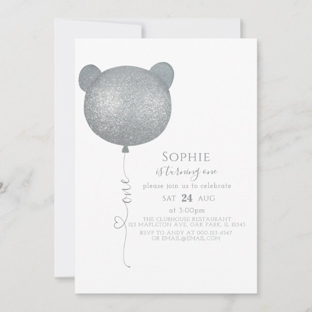 Invitación Balón plateado minimalista Teddy Bear Primer cumpl (Anverso)