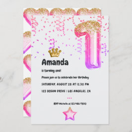 Invitación Balón Princesa Rosa y Oro Primer Cumpleaños