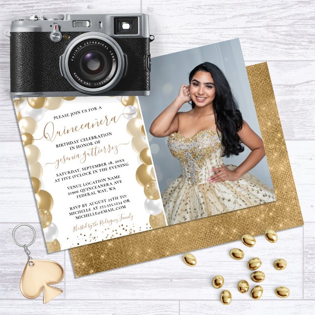 Invitación Balón Quinceañera con espuma blanca dorada (Gold Glitter Balloon Quinceanera Invitation)