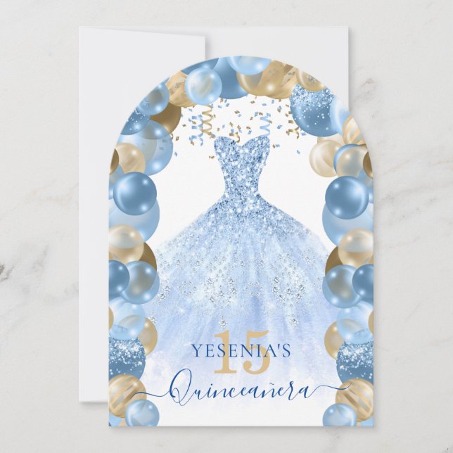Invitación Balón Quinceañera con gafas de oro azul (Anverso)