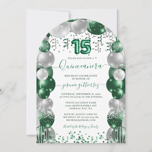 Invitación Balón Quinceañera de espuma blanca verde (Anverso)