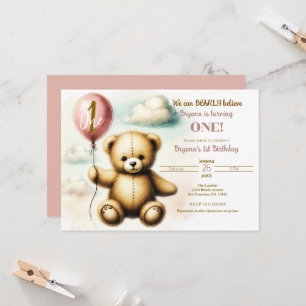 Invitación Balón rosa de Oso Teddy Fiesta de cumpleaños 1