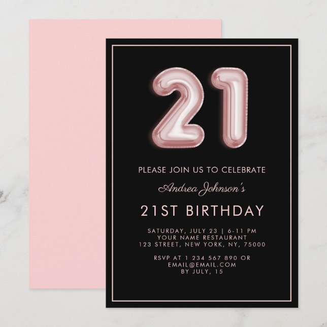 Invitación Balón rosa número 21 Marco de cumpleaños Minimalis (Anverso / Reverso)