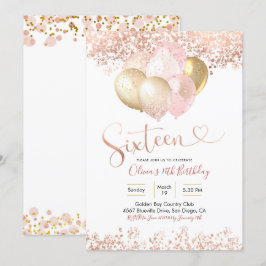 Invitación Balón rosa Oro Rosa Dieciséis cumpleaños
