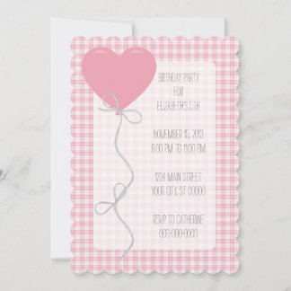 Invitación Balón rosa y cumpleaños de Gingham