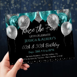 Invitación Balón Verde azulado y plateado de doble cumpleaños