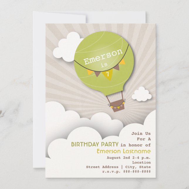 Invitación Balón verde de aire caliente y cumpleaños de niños (Anverso)