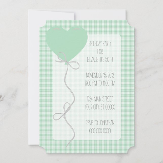 Invitación Balón verde y cumpleaños de Gingham (Anverso)