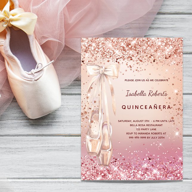 Invitación Baloncesario rosa purpurina rosa de Quinceanera (Subido por el creador)
