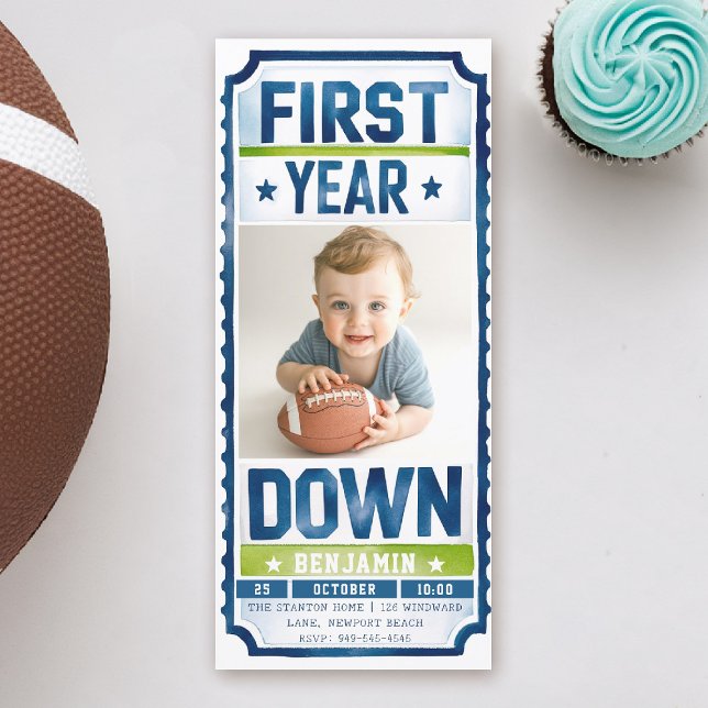 Invitación Baloncestistas Foto Verde Azul Primer cumpleaños (boy 1st birthday invitation photo football first year down sports ticket blue green game time)