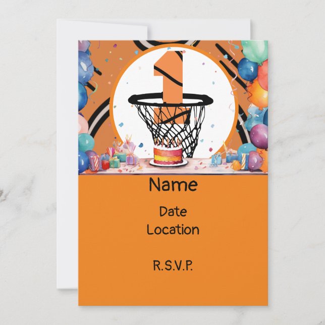 Invitación Baloncesto 1er cumpleaños con número en mini aro (Anverso)