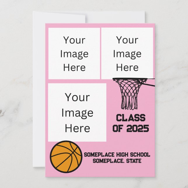 Invitación Baloncesto 3 Graduación Rosa Collage de fotos (Anverso)