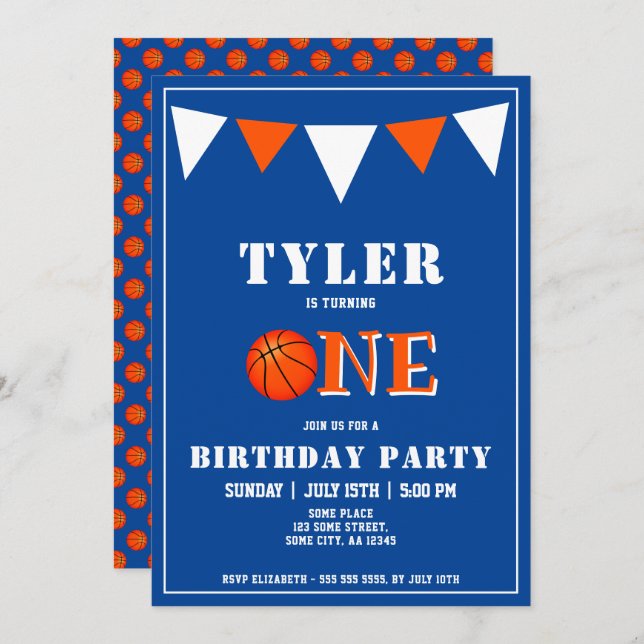 Invitación Baloncesto Azul Cute Primer Cumpleaños (Anverso / Reverso)