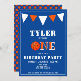 Invitación Baloncesto Azul Cute Primer Cumpleaños