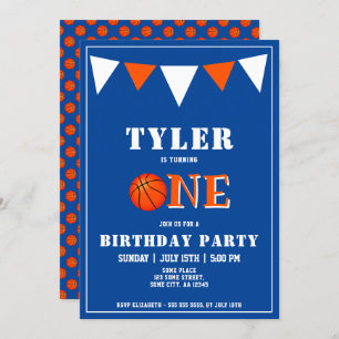 Invitación Baloncesto Azul Cute Primer Cumpleaños