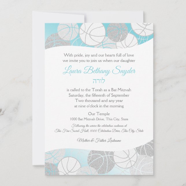 Invitación Baloncesto Bat Mitzvah Blue and Silver (Anverso)