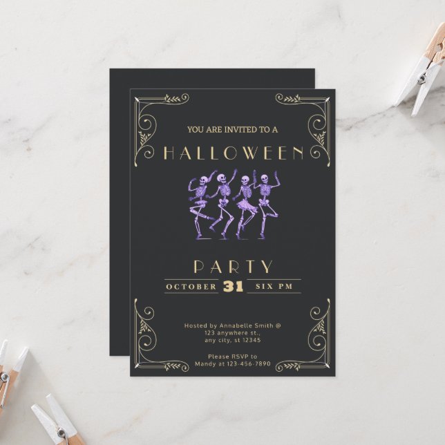 Invitación Baloncesto Black & Gold Purple Skeletans Halloween (Anverso/Reverso In Situ)