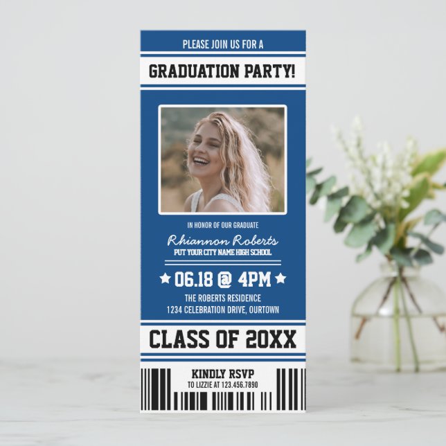 Invitación Baloncesto Blue|White Sporty Graduty Party Ticket (Anverso de pie)