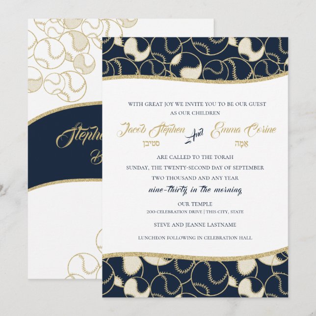 Invitación Baloncesto Bnai Mitzvah Oro y Azul (Anverso / Reverso)