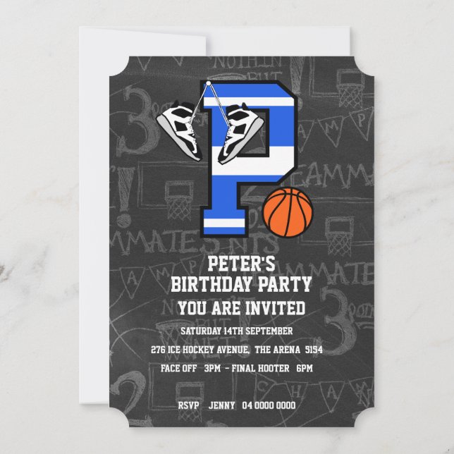 Invitación Baloncesto con inicial personalizada Letra P (Reverso)