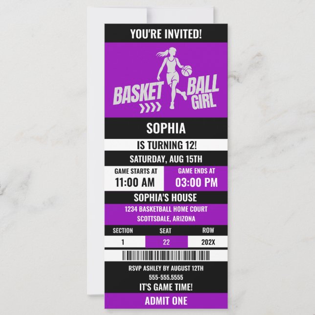 Invitación Baloncesto Cumpleaños, Chica de baloncesto (Anverso)