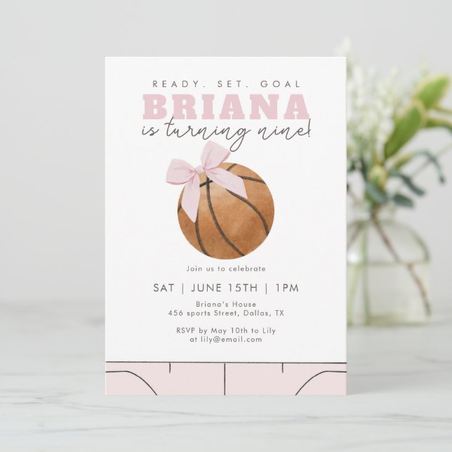 Invitación Baloncesto Cumpleaños Niñas Deporte Arco Rosa (Anverso de pie)