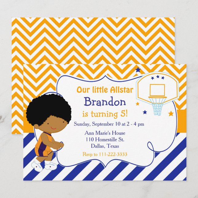 Invitación Baloncesto Cute fiesta de cumpleaños afroamericano (Anverso / Reverso)