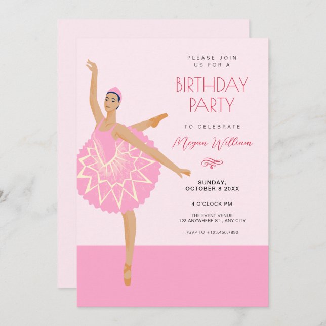 Invitación Baloncesto de baile Ballerina rosa cumpleaños (Anverso / Reverso)