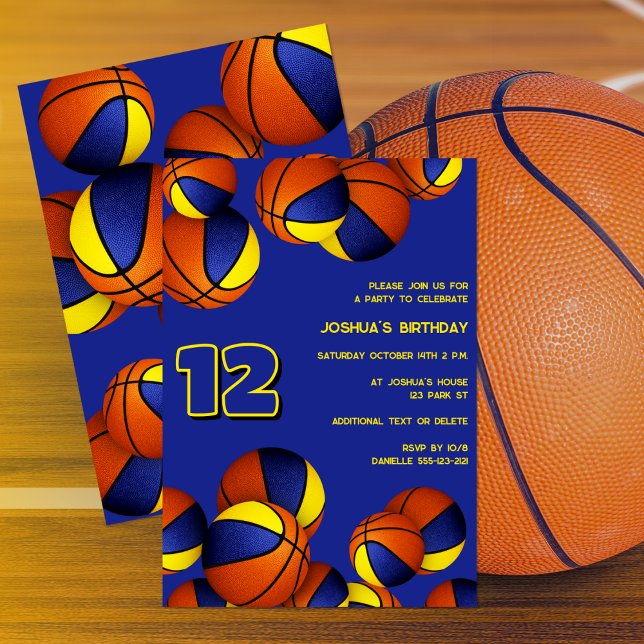 Invitación baloncesto de oro azul niños cumpleaños (front and back)