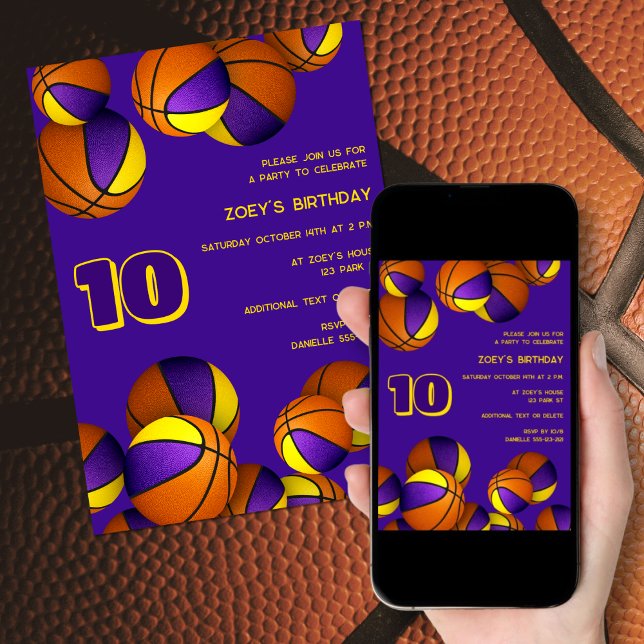 Invitación baloncesto de oro morado niños cumpleaños deportiv (front of invite, printed view & downloaded view on phone)