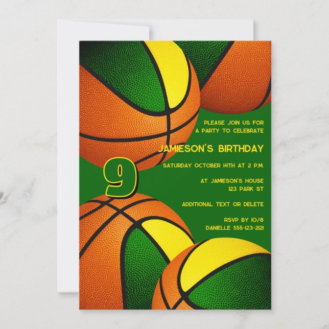 Invitación baloncesto de oro verde niños natalidad (Anverso)