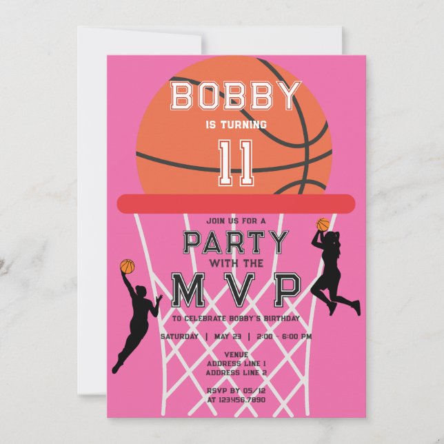 Invitación Baloncesto Deporte Jumpman Mujer Rosa Chica Cumple (Anverso)