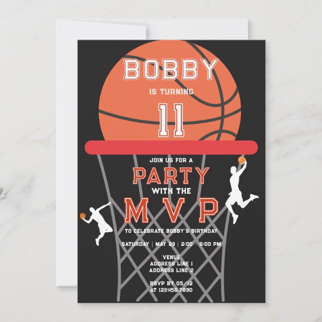 Invitación Baloncesto Deporte Jumpman Tema Negro MVP Cumpleañ (Anverso)