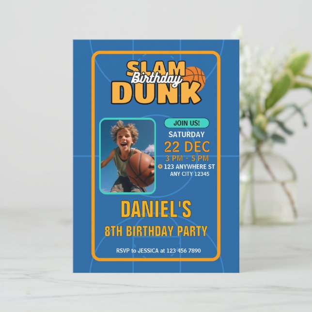 Invitación Baloncesto deportivo Azul Slam Dunk Niños Cumpleañ (Anverso de pie)