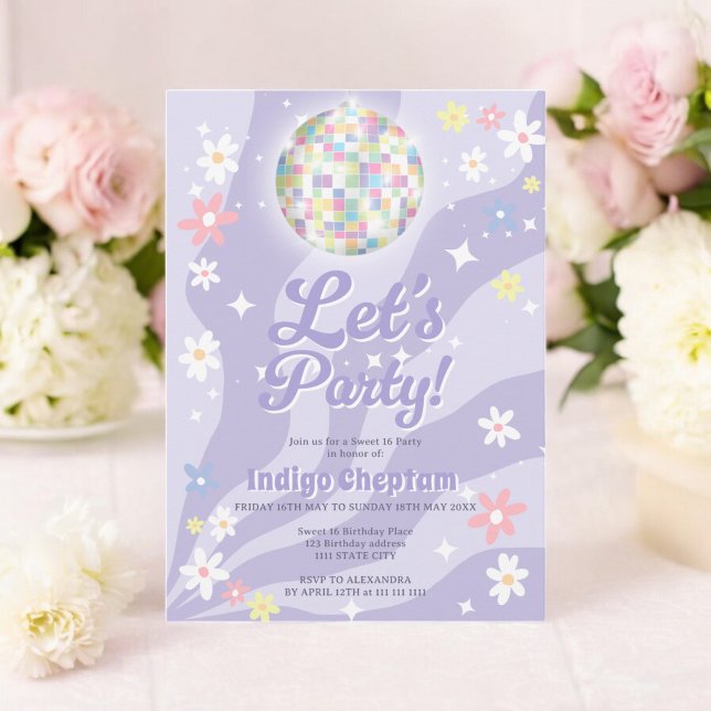 Invitación Baloncesto Groovy retro disco 70 con flores Sweet  (Groovy retro disco ball 70's floral Sweet 16 Invitation)