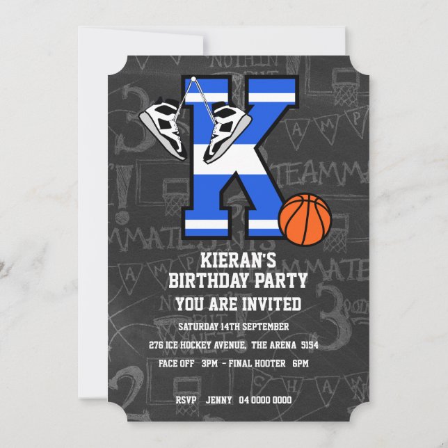 Invitación Baloncesto inicial personalizado con la letra K (Reverso)