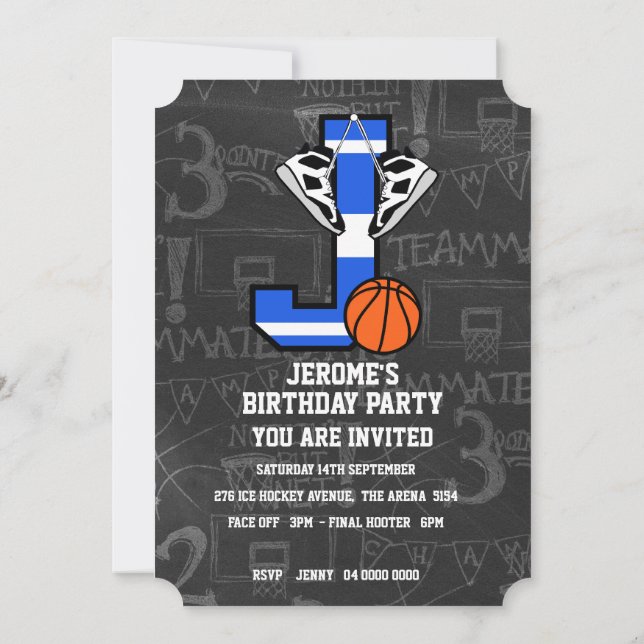 Invitación Baloncesto Inicial Personalizado Letra J (Reverso)