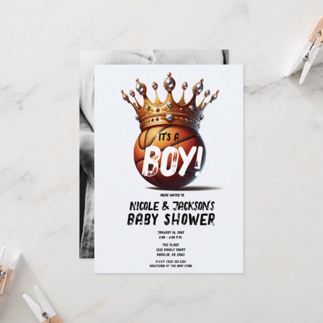 Invitación Baloncesto King Gold Crown Foto Baby Shower (Anverso/Reverso In Situ)