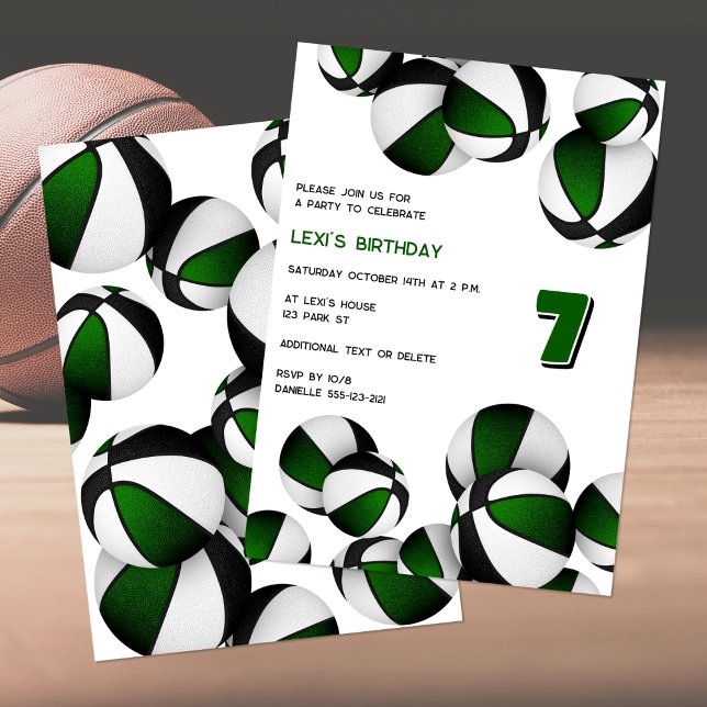 Invitación baloncesto negro verde niños cumpleaños deportivo (front & back views)