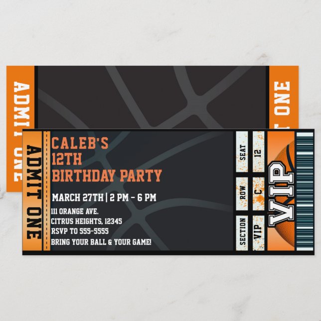 Invitación Baloncesto Partido de Cumpleaños VIP Ball Ticket (Anverso / Reverso)
