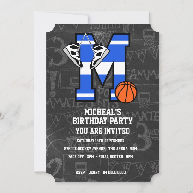 Invitación Baloncesto Personalizado con Letra Inicial M (Reverso)