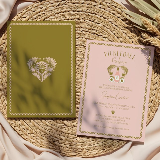 Invitación Baloncesto tropical retro y ducha de novias Prosec (Retro Tropical Pickleball & Prosecco Bridal Shower Invitation)