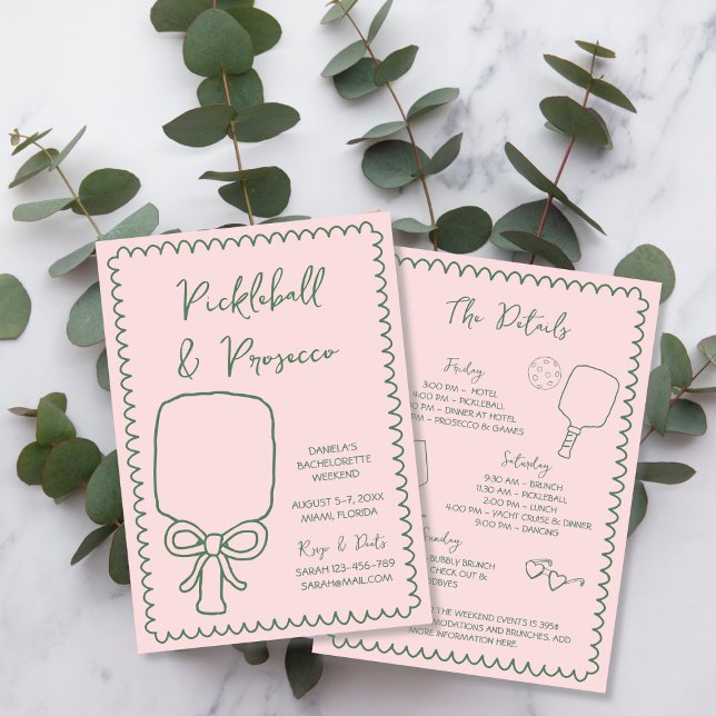 Invitación Baloncesto y bachillerato con mano de Prosecco (Pickleball & Prosecco Hand Drawn Bachelorette Invitation)
