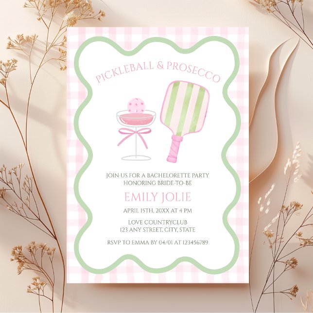 Invitación Baloncesto y prosecco Preppy Bachelorette moderna (Pickleball & Prosecco Bachelorette Party Invitation)
